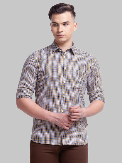 Men Yellow Slim Fit Checks Cotton Full Sleeve Shirts