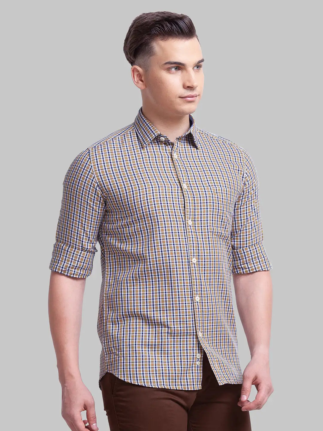 Men Yellow Slim Fit Checks Cotton Full Sleeve Shirts