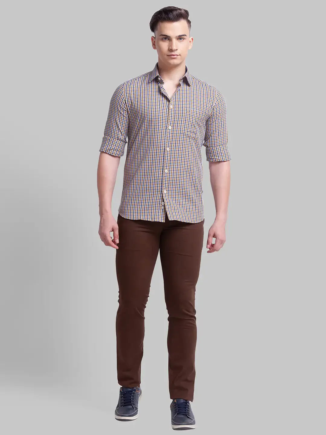 Men Yellow Slim Fit Checks Cotton Full Sleeve Shirts