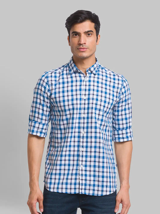 Parx Men Blue Checks Slim Fit Cotton Full Sleeve Shirts