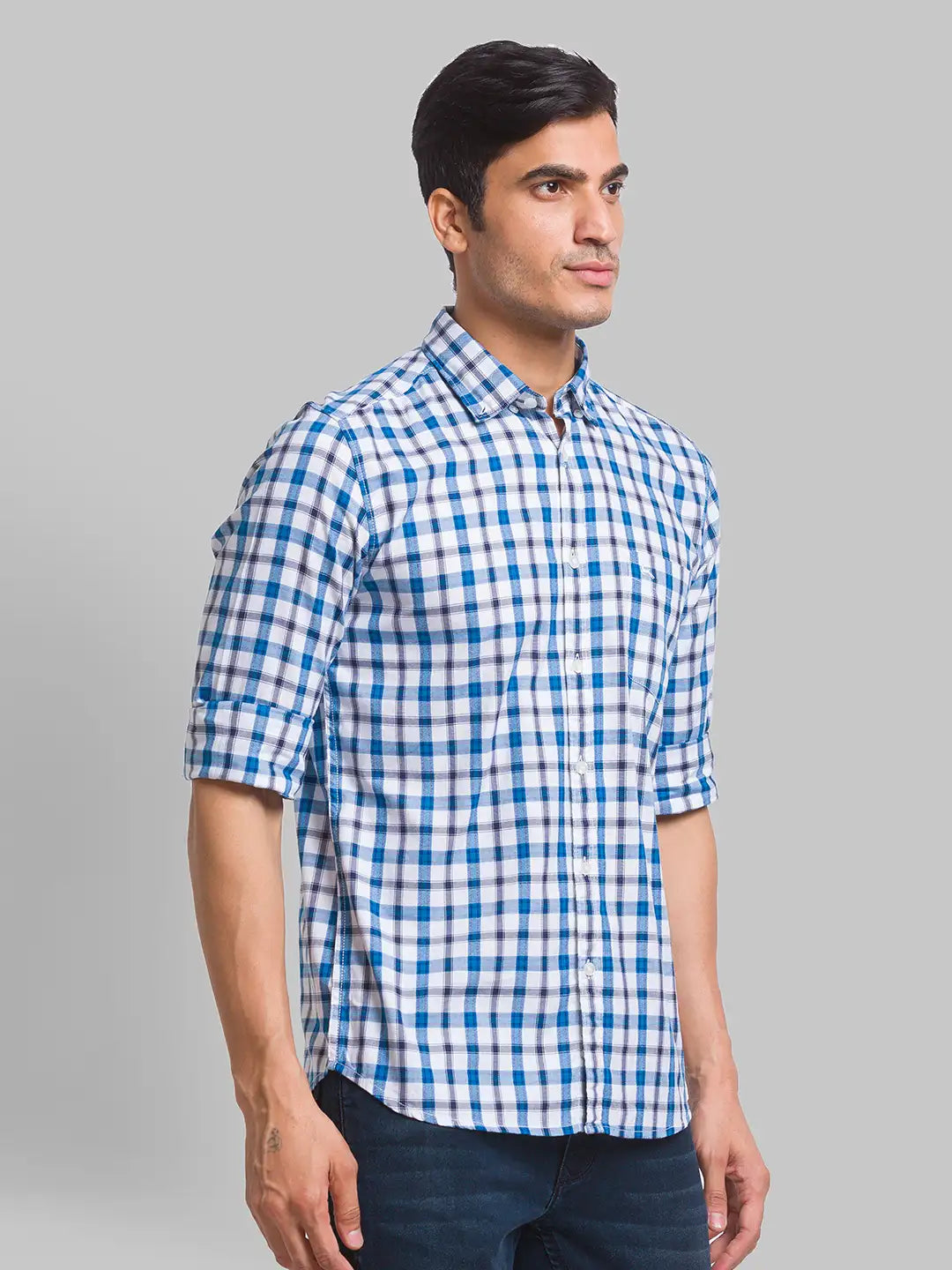 Parx Men Blue Checks Slim Fit Cotton Full Sleeve Shirts