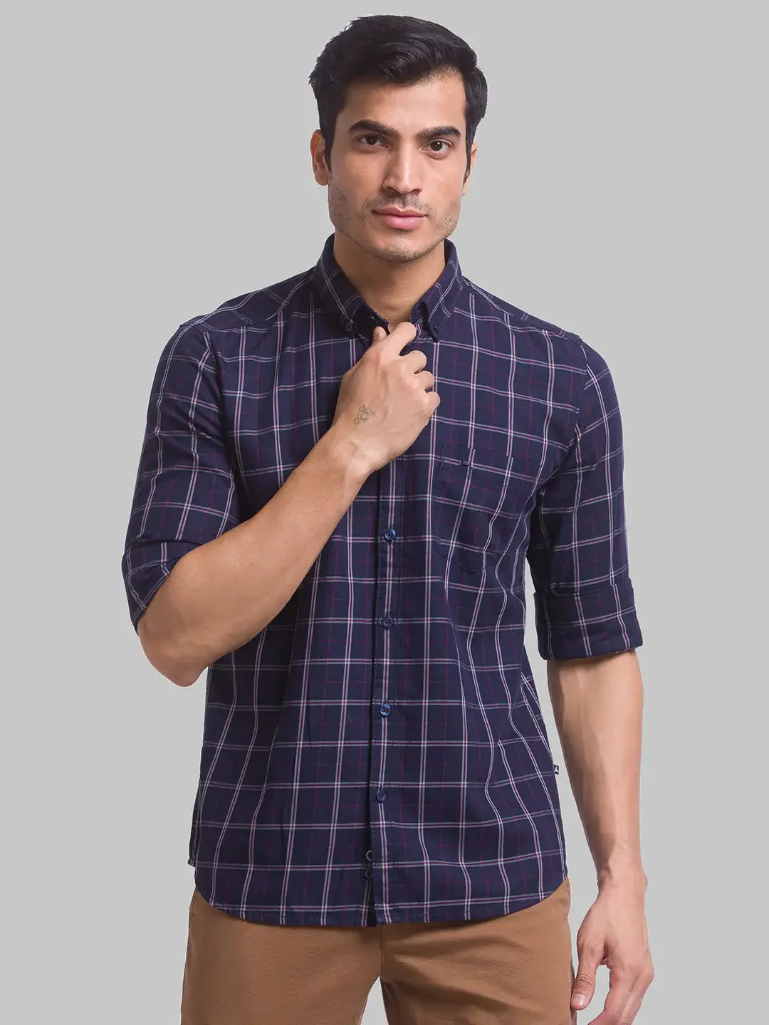 Men Blue Slim Fit Checks Cotton Full Sleeve Shirts