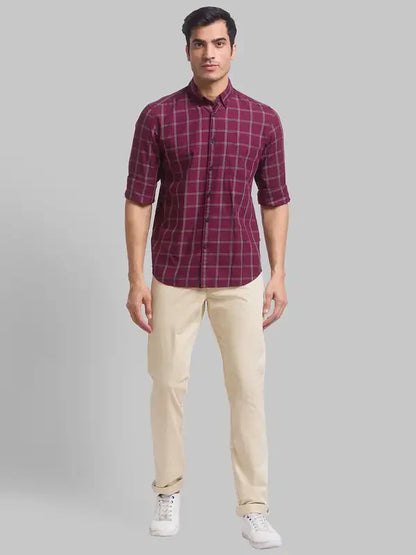 Men Red Slim Fit Checks Cotton Full Sleeve Shirts