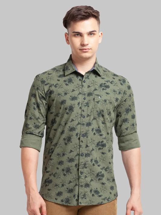 Men Green Slim Fit Print Cotton Full Sleeve Shirts
