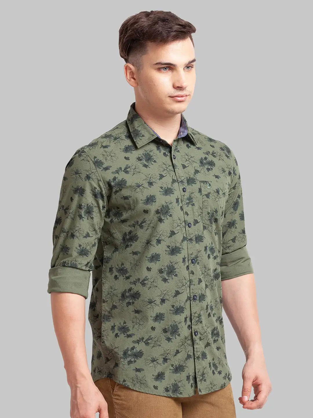 Men Green Slim Fit Print Cotton Full Sleeve Shirts