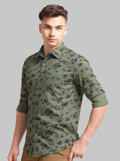 Men Green Slim Fit Print Cotton Full Sleeve Shirts
