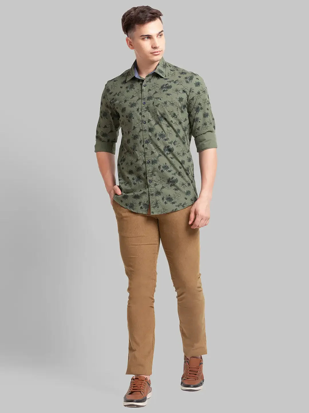 Men Green Slim Fit Print Cotton Full Sleeve Shirts