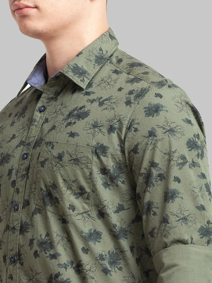 Men Green Slim Fit Print Cotton Full Sleeve Shirts