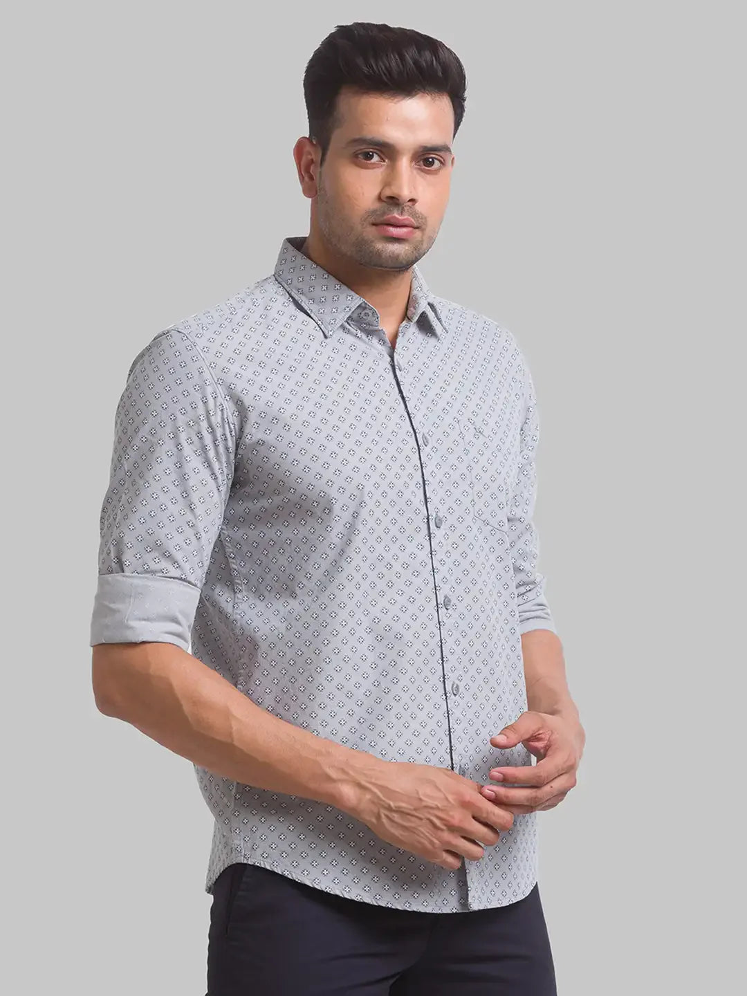 Men Grey Slim Fit Print Cotton Full Sleeve Shirts