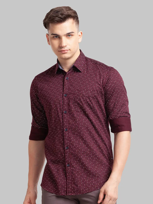 Men Red Slim Fit Print Cotton Full Sleeve Shirts