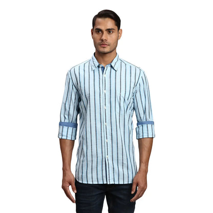Men Blue Slim Fit Stripe Cotton Full Sleeve Shirts