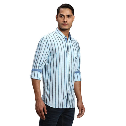Men Blue Slim Fit Stripe Cotton Full Sleeve Shirts