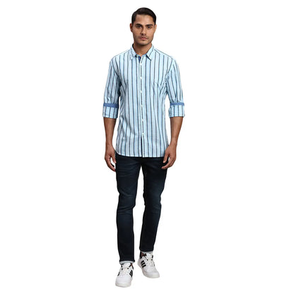 Men Blue Slim Fit Stripe Cotton Full Sleeve Shirts