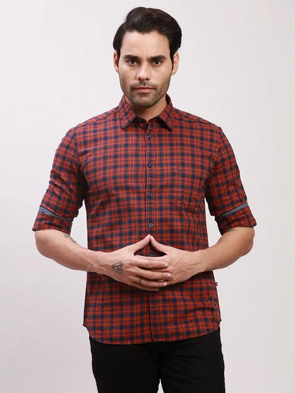Parx Men Red Checks Slim Fit Cotton Full Sleeve Shirts