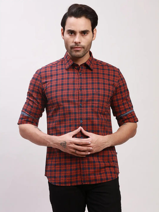Parx Men Red Checks Slim Fit Cotton Full Sleeve Shirts