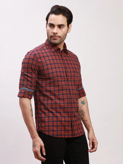 Parx Men Red Checks Slim Fit Cotton Full Sleeve Shirts
