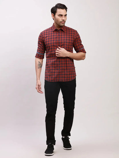 Parx Men Red Checks Slim Fit Cotton Full Sleeve Shirts