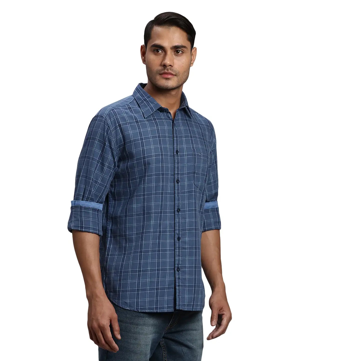 Men Blue Slim Fit Checks Cotton Full Sleeve Shirts