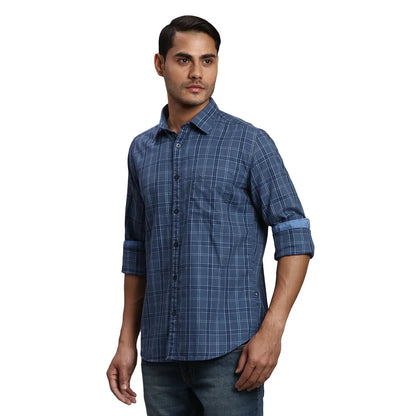 Men Blue Slim Fit Checks Cotton Full Sleeve Shirts