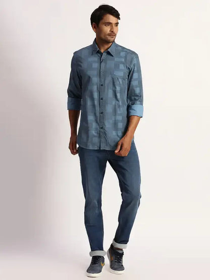 Men Blue Slim Fit Print Cotton Full Sleeve Shirts