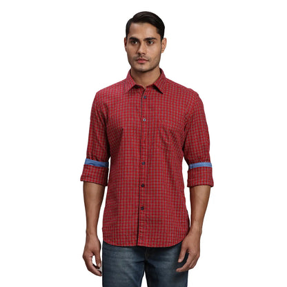Men Red Slim Fit Checks Cotton Full Sleeve Shirts