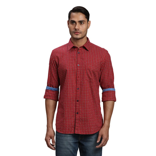 Men Red Slim Fit Checks Cotton Full Sleeve Shirts
