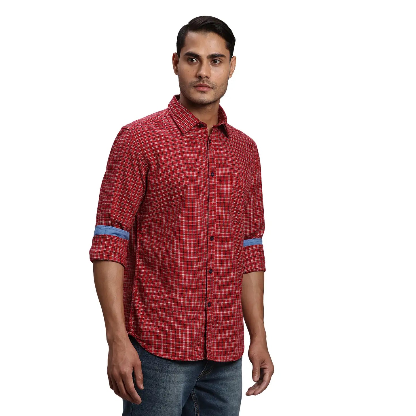 Men Red Slim Fit Checks Cotton Full Sleeve Shirts