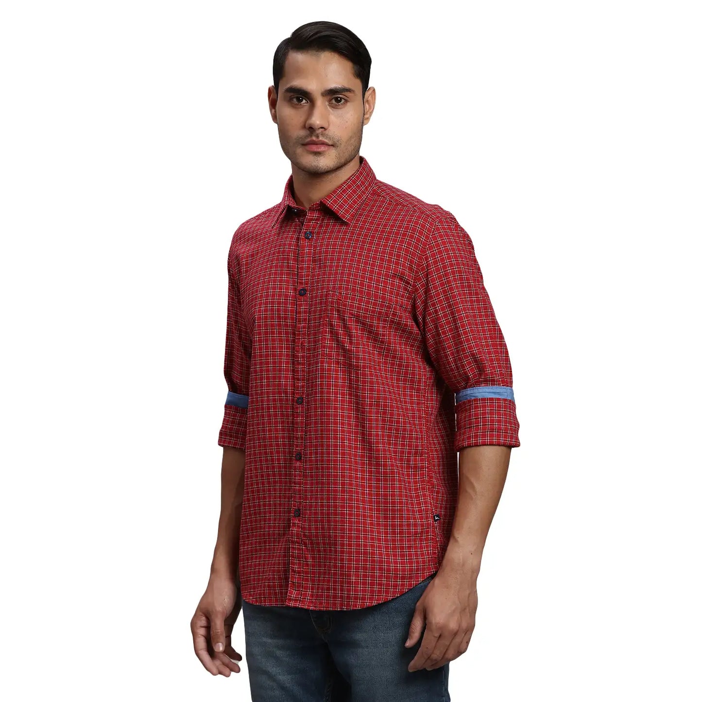 Men Red Slim Fit Checks Cotton Full Sleeve Shirts