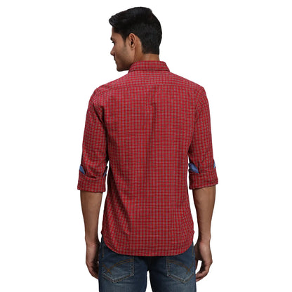 Men Red Slim Fit Checks Cotton Full Sleeve Shirts