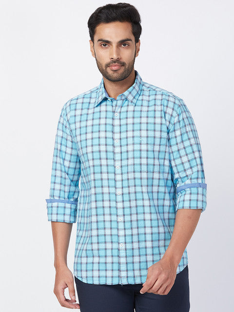 Parx Men Blue Slim Fit Checks Full Sleeve Cutaway Collar Shirt