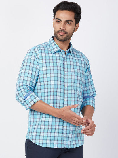 Parx Men Blue Slim Fit Checks Full Sleeve Cutaway Collar Shirt