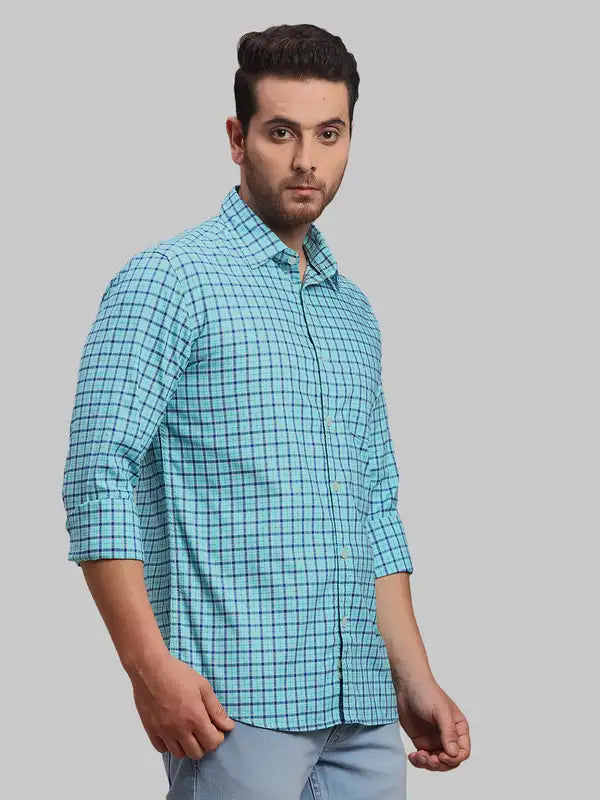 Men Green Slim Fit Checks Cotton Full Sleeve Shirts