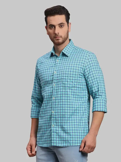 Men Green Slim Fit Checks Cotton Full Sleeve Shirts