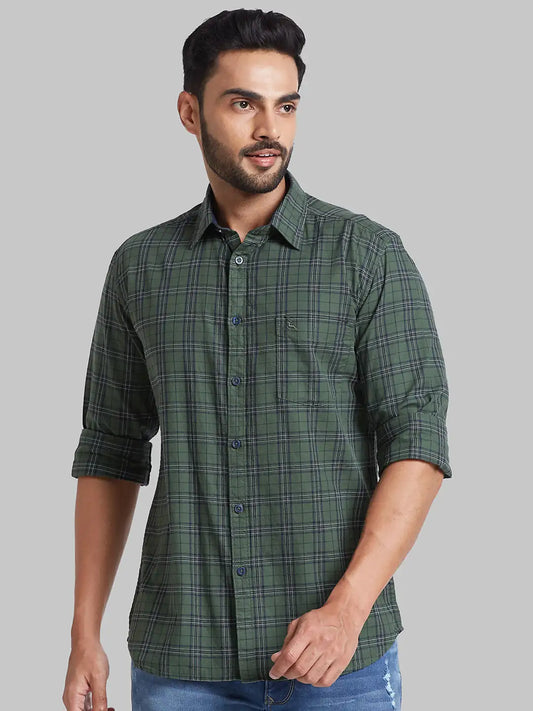 Men Green Slim Fit Checks Cotton Full Sleeve Shirts