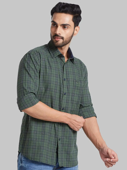 Men Green Slim Fit Checks Cotton Full Sleeve Shirts