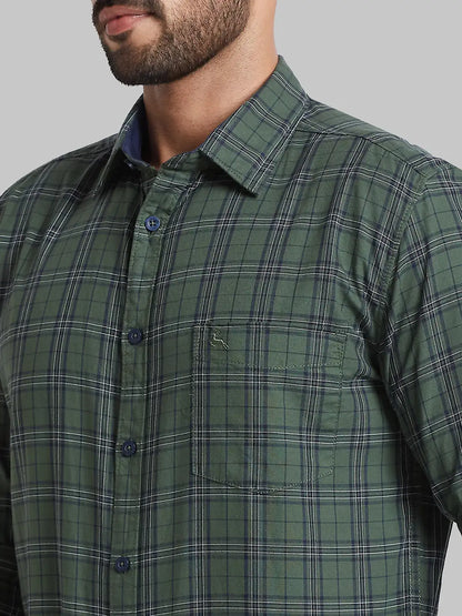 Men Green Slim Fit Checks Cotton Full Sleeve Shirts