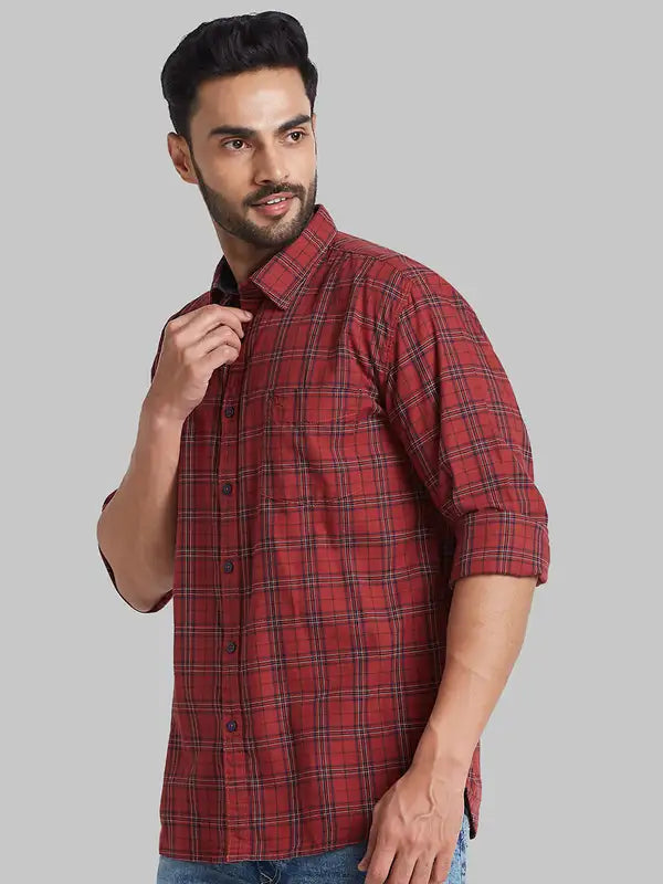 Men Red Slim Fit Checks Cotton Full Sleeve Shirts