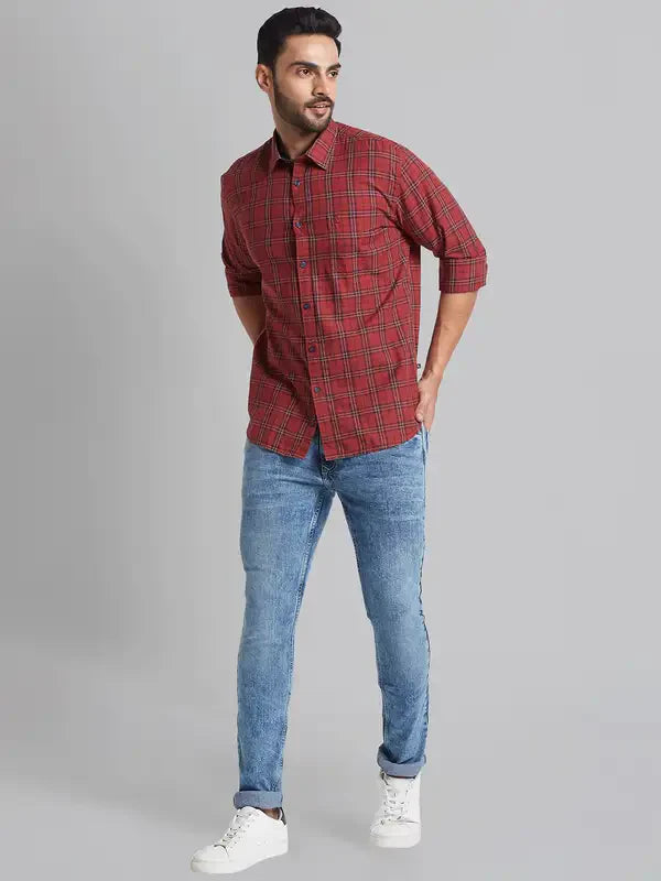 Men Red Slim Fit Checks Cotton Full Sleeve Shirts