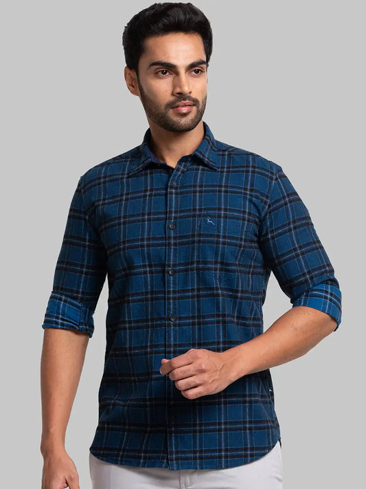 Men Blue Slim Fit Checks Cotton Full Sleeve Shirts