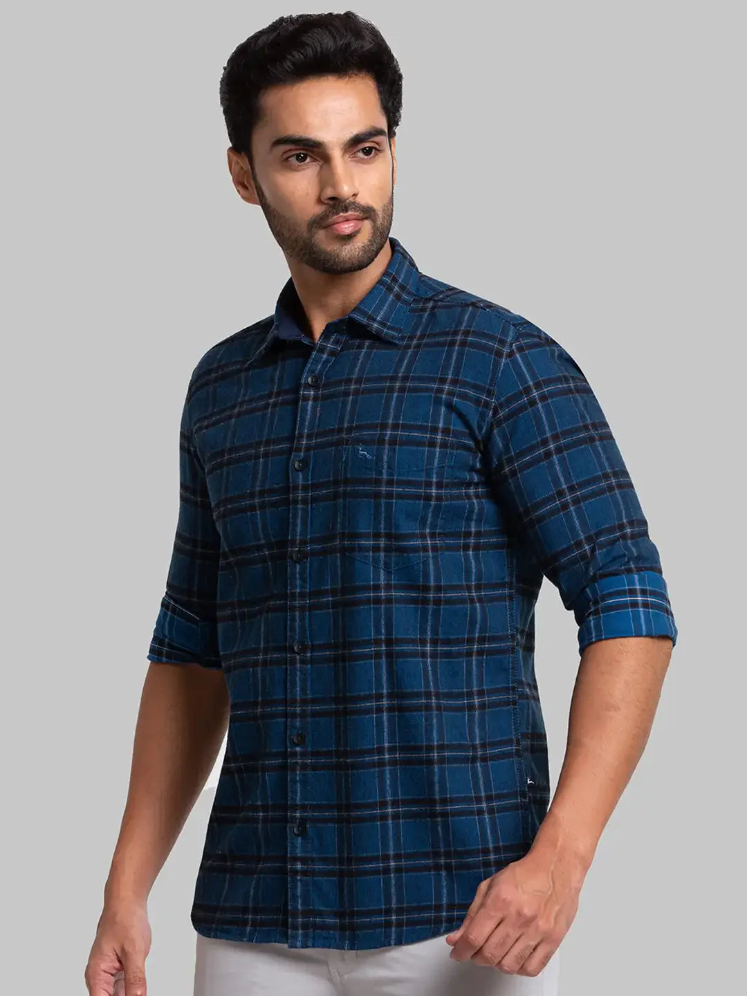 Men Blue Slim Fit Checks Cotton Full Sleeve Shirts