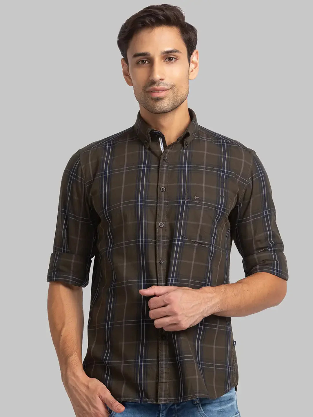 Men Green Slim Fit Checks Cotton Full Sleeve Shirts