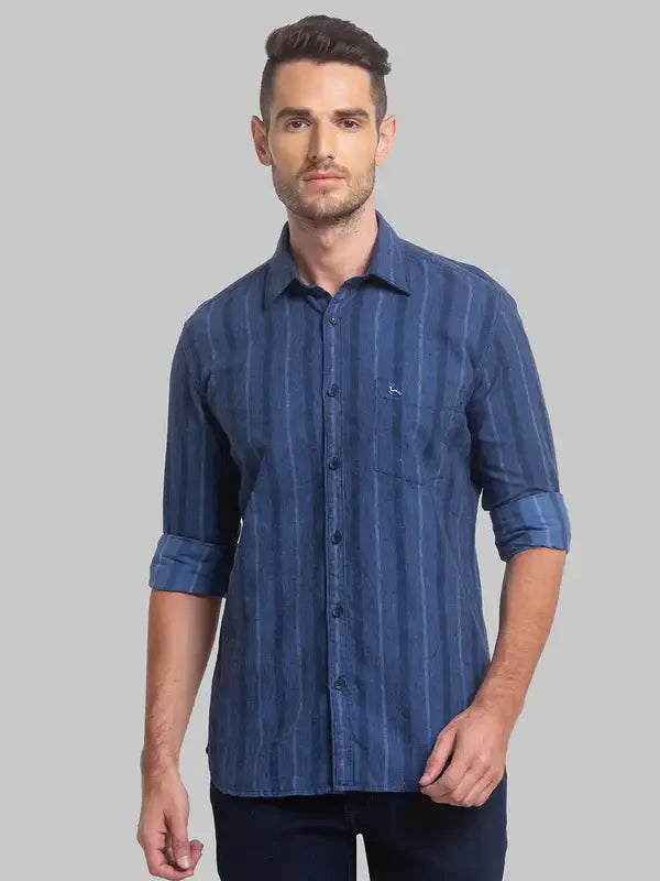 Men Blue Slim Fit Stripe Cotton Blend Full Sleeve Shirts