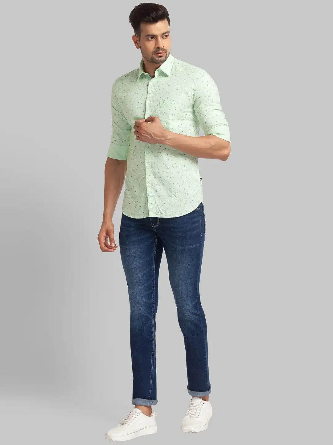 Men Green Slim Fit Print Cotton Full Sleeve Shirts