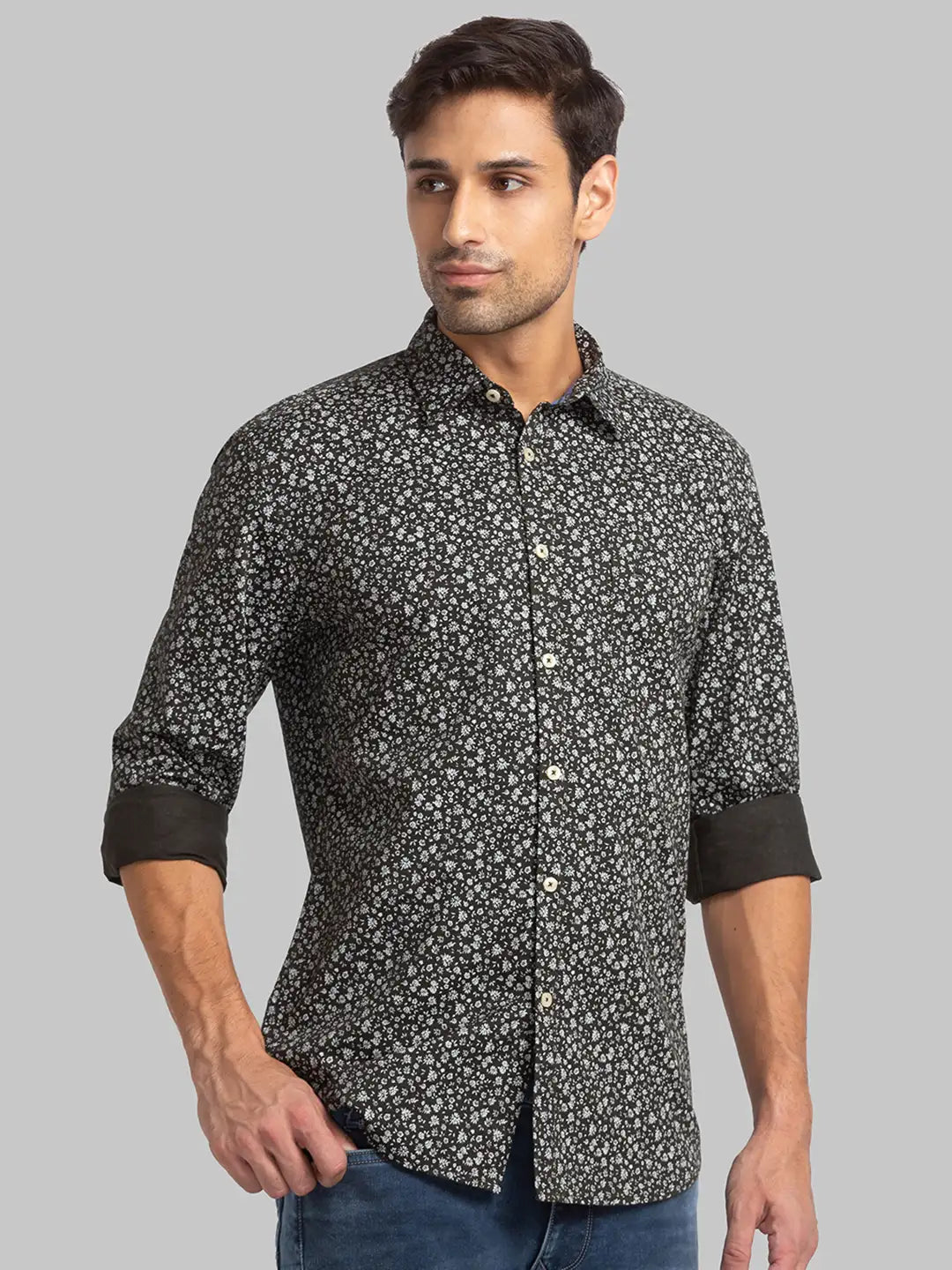 Men Green Slim Fit Print Cotton Full Sleeve Shirts