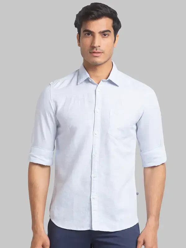 Men Blue Slim Fit Solid Linen Cotton Blend Full Sleeve Shirts