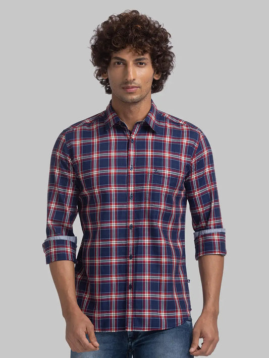 Parx Men Blue Checks Slim Fit Cotton Full Sleeve Cutaway Collar Shirt