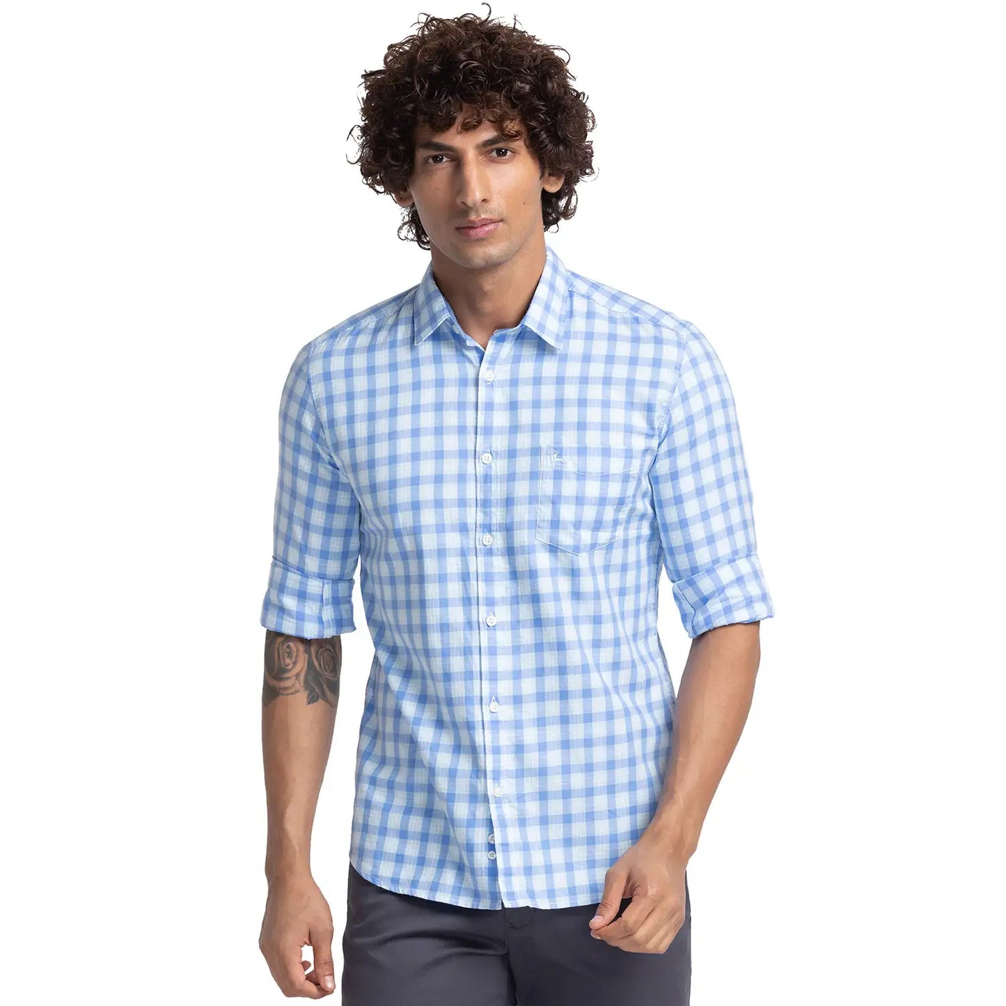 Men Blue Slim Fit Checks Cotton Full Sleeve Shirts