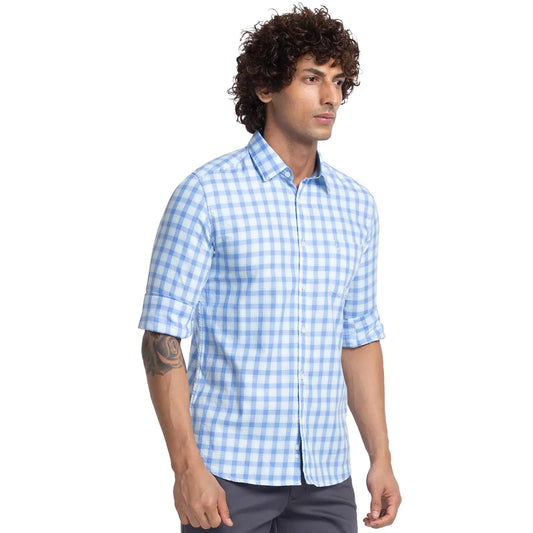 Men Blue Slim Fit Checks Cotton Full Sleeve Shirts