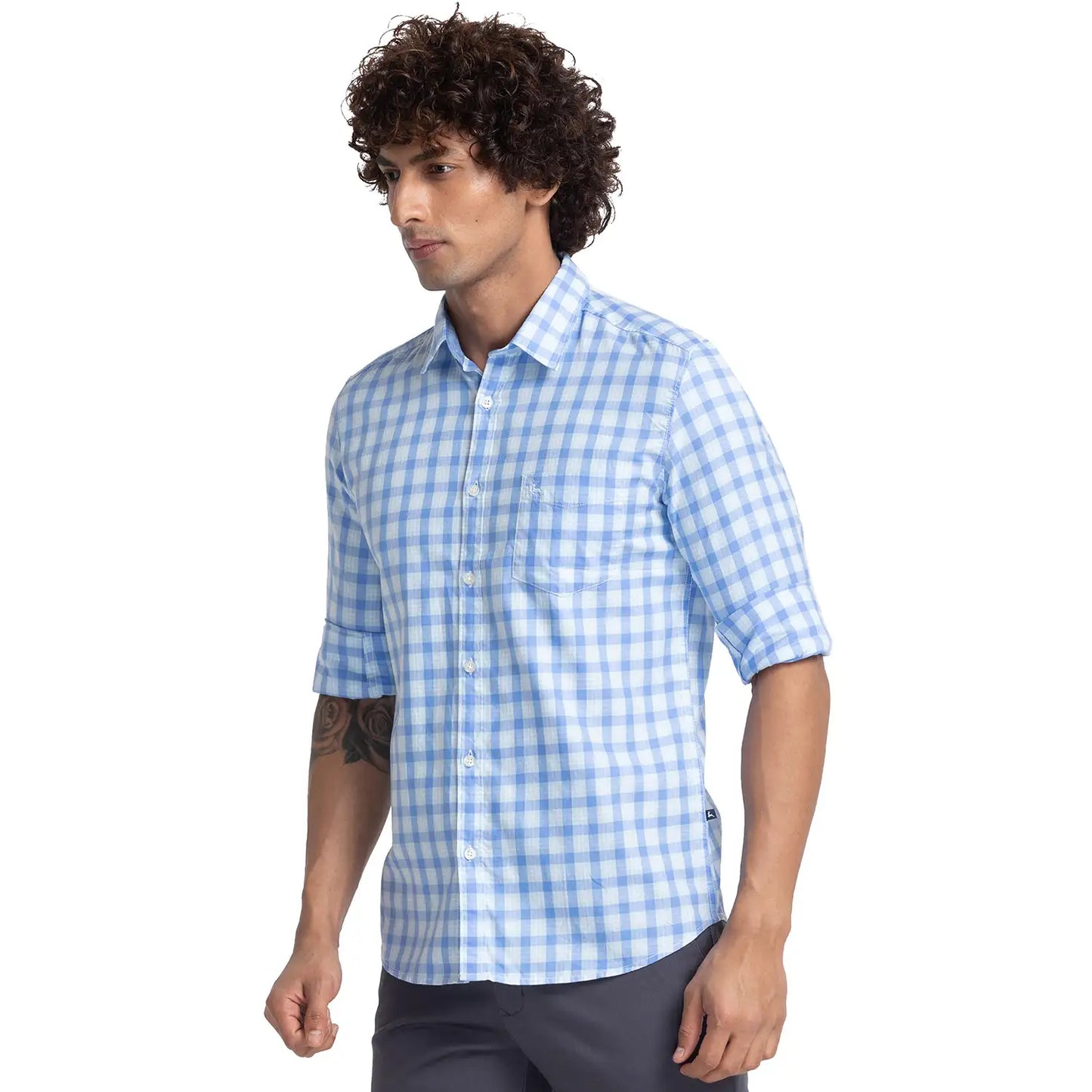 Men Blue Slim Fit Checks Cotton Full Sleeve Shirts