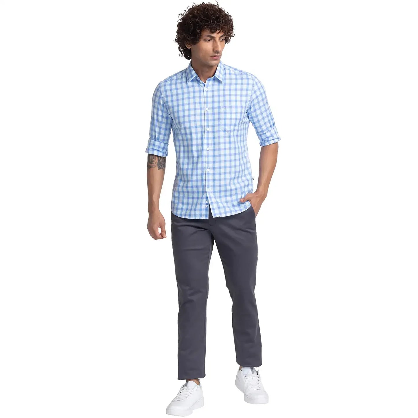Men Blue Slim Fit Checks Cotton Full Sleeve Shirts